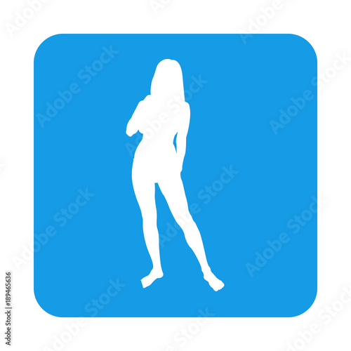 Icono plano silueta chica desnuda de pie en cuadrado azul