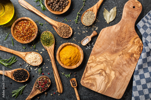 Cooking table with spices and herbs