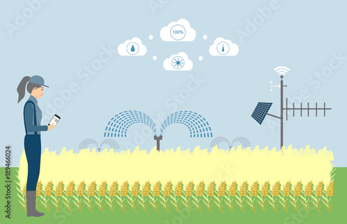 Internet of things in agriculture. Smart farm with wireless control. Vector illustration.
