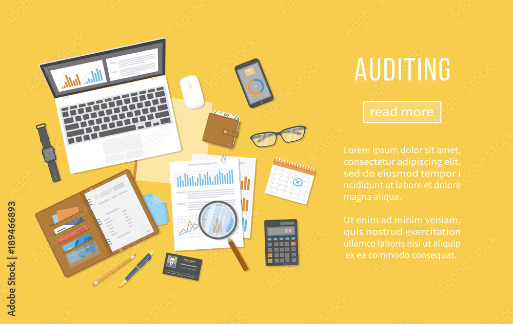 Auditing concepts. Financial analysis, analytics, data capture, planning, statistics, research. Documents, forms, charts, graphs, calendar, calculator, notebook, business card. Top view. Vector Auditing concepts. Financial analysis, analytics, data capture, planning, statistics, research. Documents, forms, charts, graphs, calendar, calculator, notebook, business card. Top view. Vector
