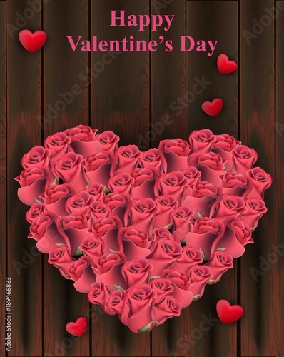 Roses heart shape on wood background Vector. Valentine day cards