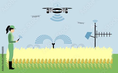 Internet of things in agriculture. Smart farm with wireless control. Vector illustration.