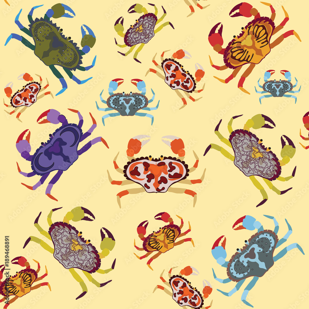 Naklejka premium multi-colored colorful different kinds of crab on sand bright pattern