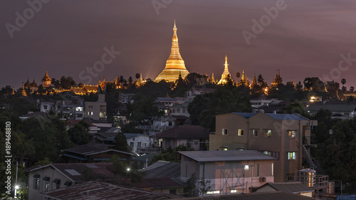 Golden Shwedagon pagoda downtown view at sunset, Yangon, Myanmar
