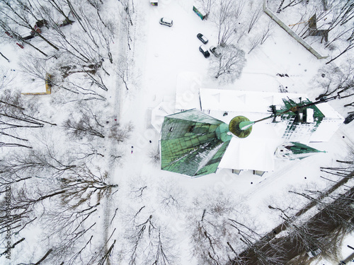 Aerial: The tower of Kaliningrad Puppet Theatre in snowy winter photo