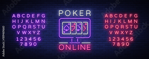 Online poker is a neon sign. Logo symbol in neon style svityaschyysya bright banner billboard night, bright neon poker, gambling casino. Play money online. Vector illustration. Editing text neon sign
