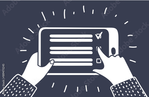 Online survey, checklist. Hand holds tablet and finger touch screen.