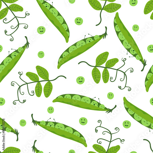 Seamless cartoon pea pattern. Vector background with green peas, pods and leaves.