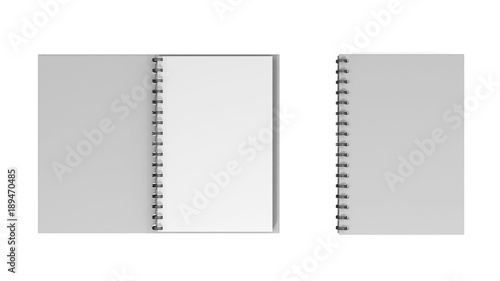 Opened and closed blank notebooks with metal spiral bound on white background. Business or education mockup. 3D rendering illustration