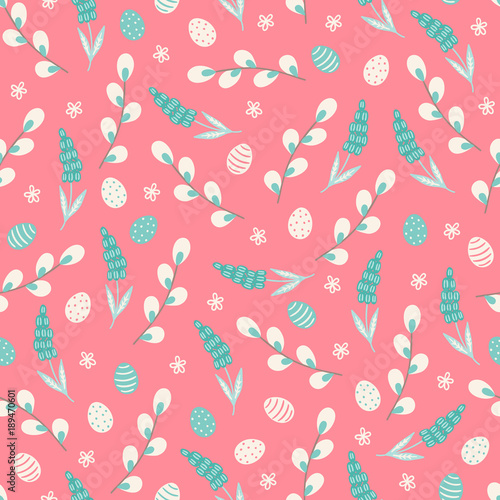 Easter seamless pattern with pussy willow, flowers, eggs and muskari