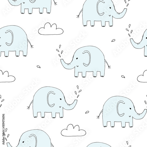 Cute seamless pattern with funny elephant. vector illustration