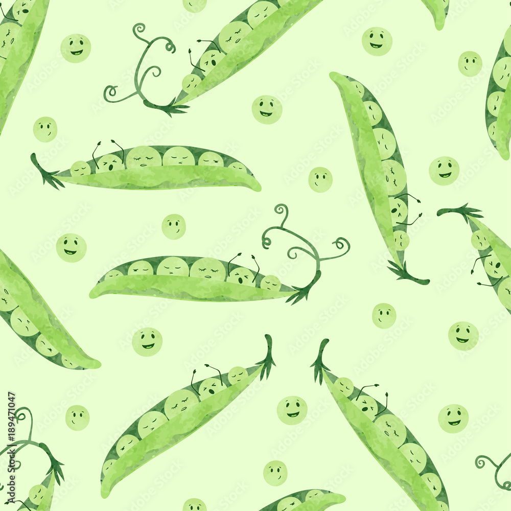 Seamless watercolor pea pattern. Vector background with green cartoon peas and pods
