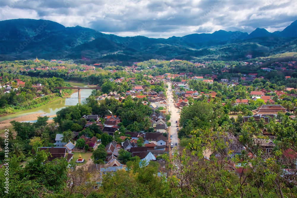 Obraz premium Luang Prabang city, Laos, at the confluence of the Mekong and Nam Khan rivers, UNESCO World Heritage site