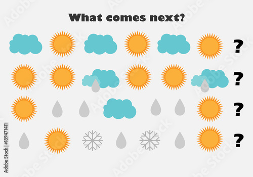 What comes next with weather pictures (cloud,sun,snow,rain) for children, fun education game for kids, preschool worksheet activity, task for the development of logical thinking, vector illustration