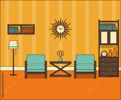 Room in flat design. Retro living room interior 60s in line art. Vector graphics. Linear illustration. Thin line vintage home space with furniture. House equipment 70s. Background 50s.