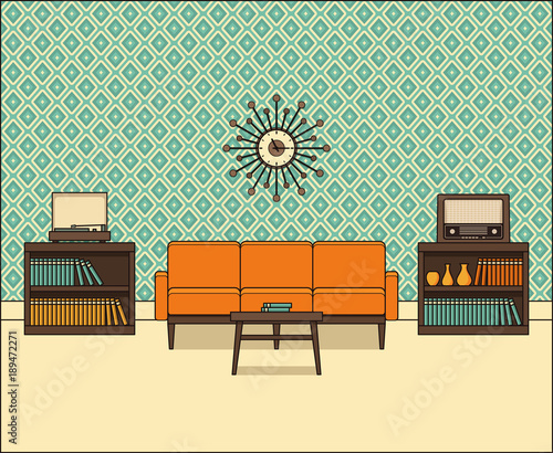 Living room in flat design. Retro room interior 60s in line art. Vector graphics. Linear illustration. Thin line home space with sofa, vinyl turntable and radio. House equipment 70s Vintage background