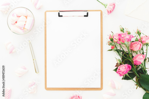 Wallpaper Mural Composition with marshmallow, pink roses, envelope and clipboard on white background. Top view. Flat lay. Torontodigital.ca