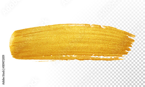 Gold color paint brush banner. Acrylic golden smear stroke stain on white background. Shine abstract detailed gold glittering textured wet paint stroke for party invitation card design template