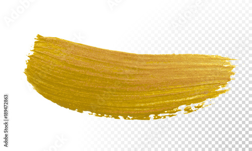 Gold color paint brush banner. Acrylic golden smear stroke stain on white background. Shine abstract detailed gold glittering textured wet paint stroke for party invitation card design template