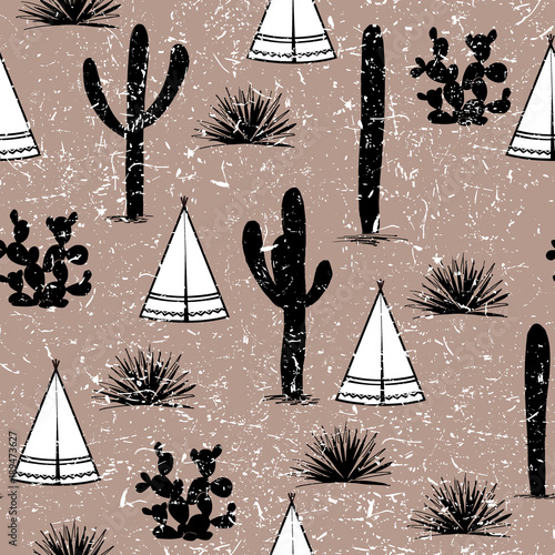 Indian tribal background. Simple flat wigwam, cactus, and grass. Seamless pattern landscape. Minimalist design. Cartoon illustration