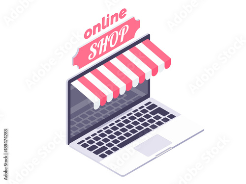 Online shopping concept. Open laptop with awning isolated on white. Vector illustration