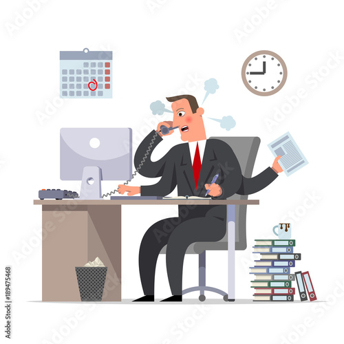 Multihanded businessman or the clerk is doing urgent work, the deadline is approaching