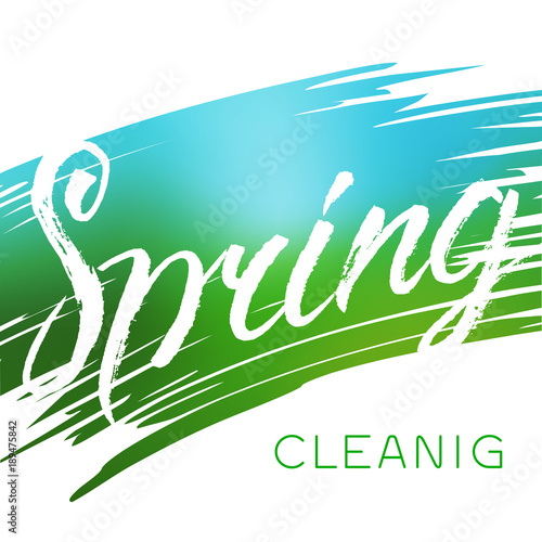 Spring cleaning text. Stock vector brush lettering on the abstract color background.