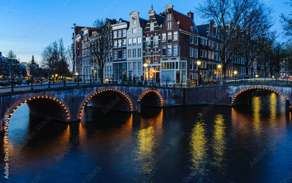 Sunset on the bridges in Canals of Amsterdam, Holland
