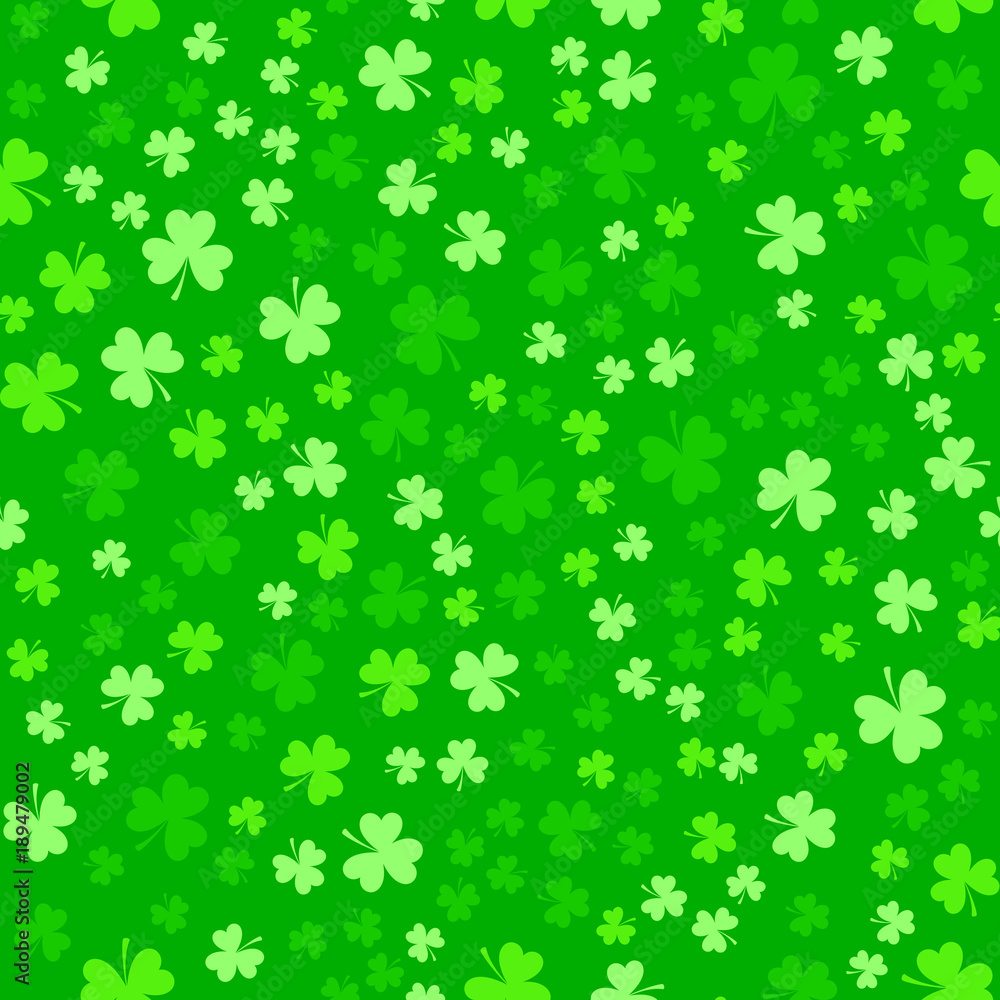 Bright green clover leaves, seamless pattern. Minimal vector background. Flat illustration of clover icon. St. Patrick's background. Bright green clover leaves, seamless pattern. Minimal vector background. Flat illustration of clover icon. St. Patrick's background.