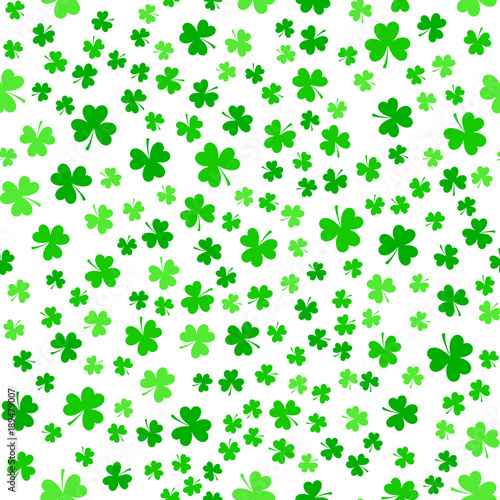 Bright green clover leaves  seamless pattern. Minimal vector background. Flat illustration of clover icon. St. Patrick s background.