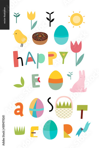 Happy easter lettering surrounded with traditional elements - eggs chicken rabbit  basket  tulip  grass  house  ribbon  cake and sun