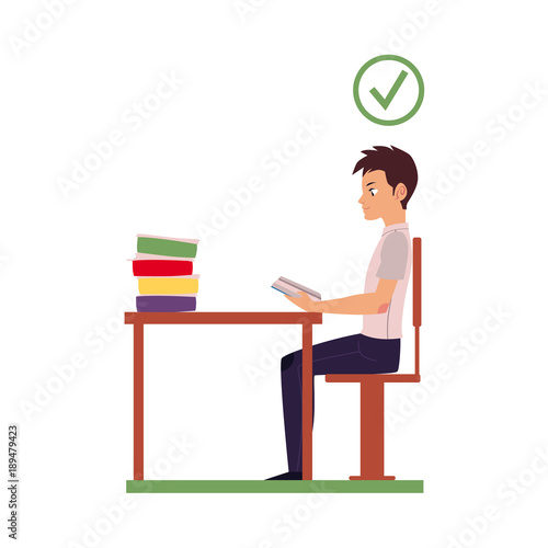 Correct neck and spine alignment of young cartoon man character sitting at desk reading. healthy head bending positions, inclination of neck. Spine care concept. Vector isolated illustration