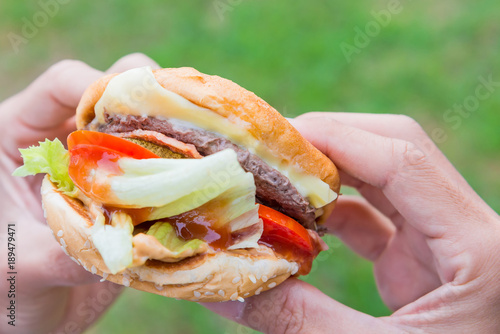 Hamburger with fresh vegetables delicious fast food meal.