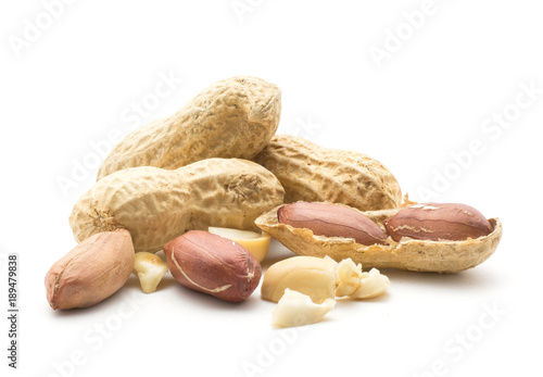 Peanuts set (open, seeds, in husk, broken pieces, three whole) isolated on white background.