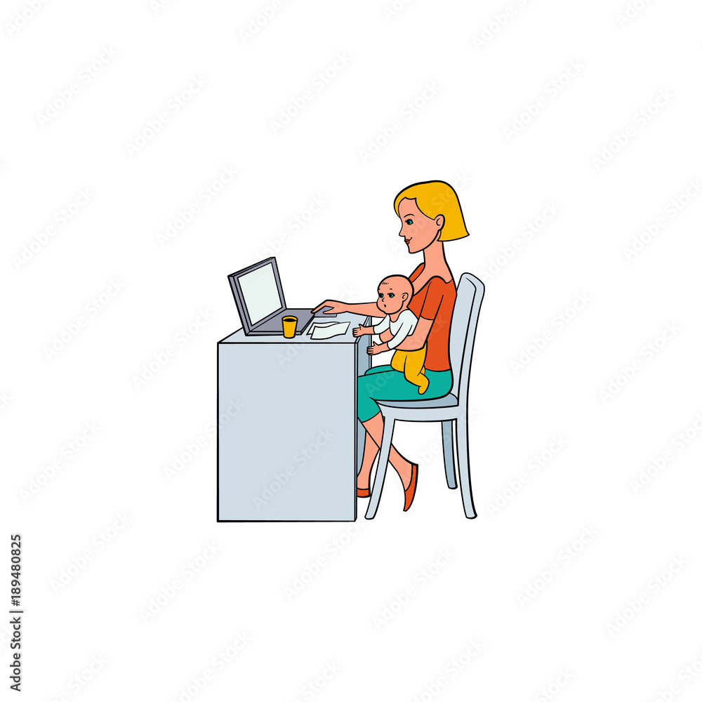 Vector cartoon people working from home, remote, freelance work . Adult woman sitting at workplace typing at desktop keyboard with infant baby sitting at knees. Isolated illustration, white background