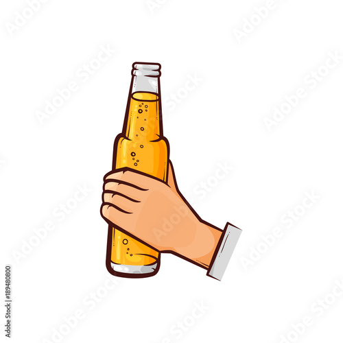 Male hand holding open unlabelled beer bottle, hand-drawn, sketch style vector illustration isolated on white background. Hand drawing of male hand holding opened light beer bottle