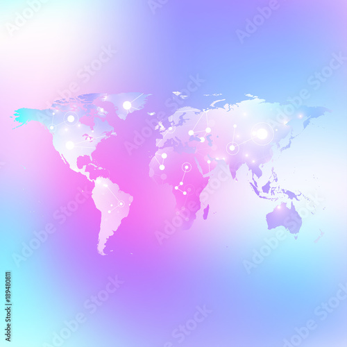 World map trendy liquid colors background. Global technology networking concept. Global network connections. Lines plexus background. Big Data communication. Perspective backdrop.