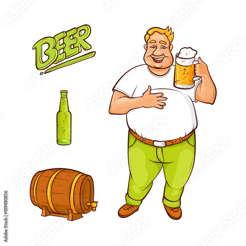 Vector cartoon beer lover - adult man with big beer belly holding mug of golden lager cool beer with thick foamm beer keg, barrel and bottle. Isolated illustration, white background