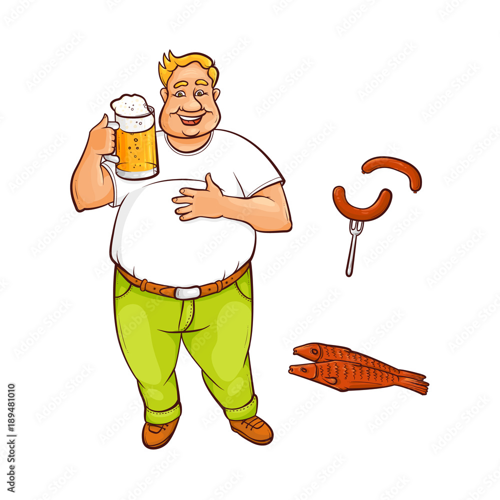 Vector cartoon beer lover - adult man with big beer belly holding mug of  golden lager cool