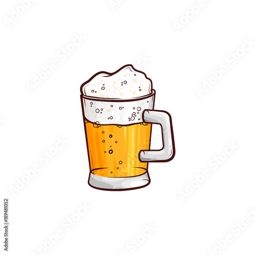 vector cartoon full mug of golden lager cool beer with thick white foam and water drops mockup closeup. Ready for your design product packaging. Isolated illustration on a white background.