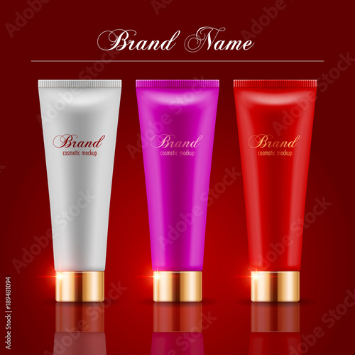 Set of cosmetic products on red background. Packaging template. Vector illustration