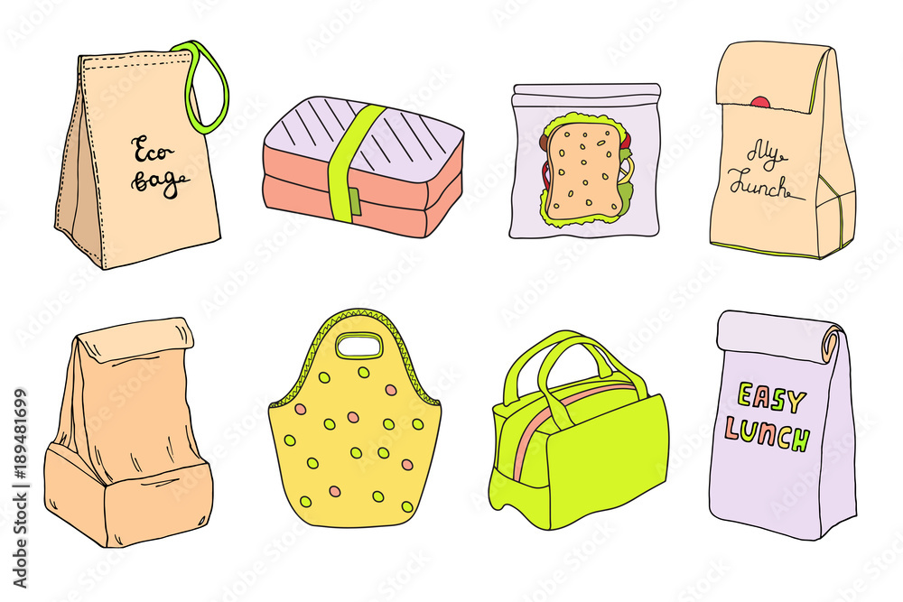 Lunch boxes and lunch bags set. Eco bag, sandwich box, easy lunch. Hand  drawn artistic sketch cartoon illustration. Stock Vector | Adobe Stock