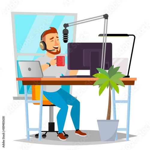Radio DJ Man Vector. Broadcasting. Modern Radio Station. Man Speak Into The Microphone. Isolated Flat Cartoon Illustration