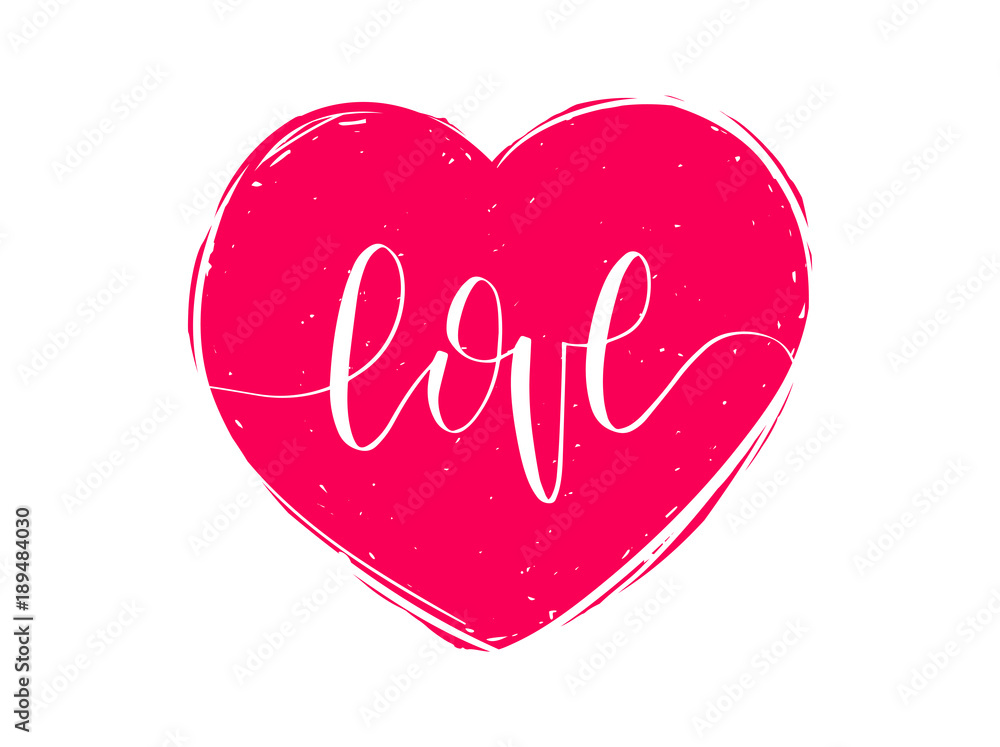 Vector hand lettering phrase Love. February 14 calligraphy in heart shape. Valentines day typography