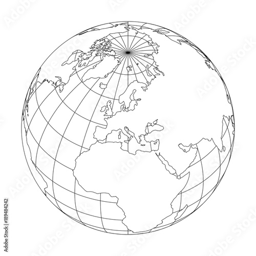 Outline Earth globe with map of World focused on Europe. Vector illustration.