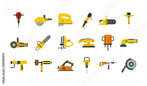 Electric tools icon set, flat style