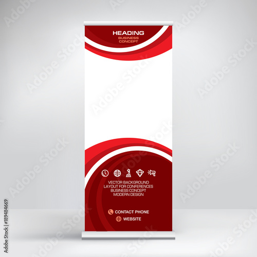 
Banner roll-up design, business concept. Graphic template roll-up for 
exhibitions, banner for seminar, layout for placement of photos.
Universal stand for conference, promo banner vector.