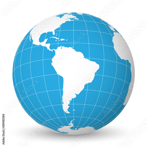 Earth globe with green world map and blue seas and oceans focused on South America. With thin white meridians and parallels. 3D vector illustration.