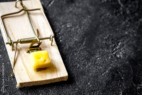 concept food for rodents in mousetrap wooden background top view