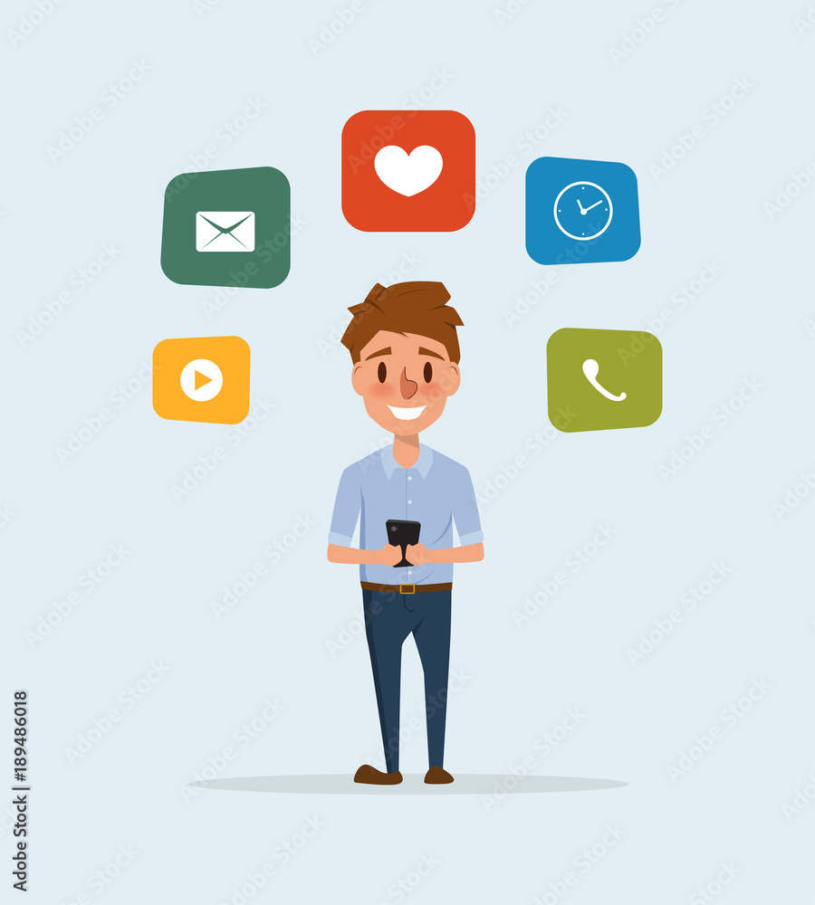 man using a mobile phone infographic. business man character. man using a mobile phone infographic. business man character.